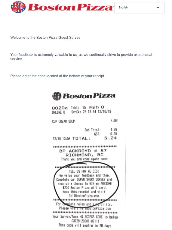 Boston Pizza Guest Survey 