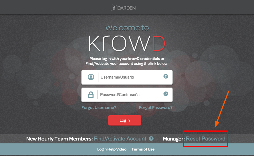 Krowd Darden Reset Password page