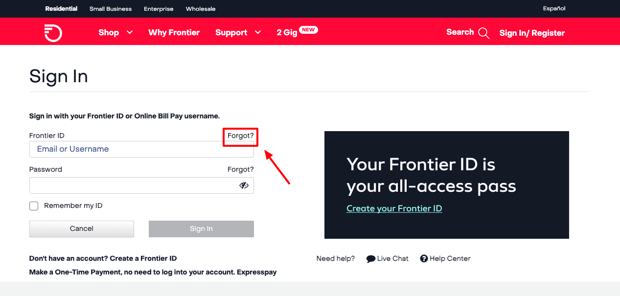 frontier forgot username