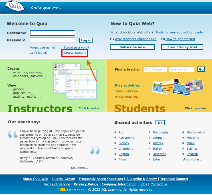 quia create account page
