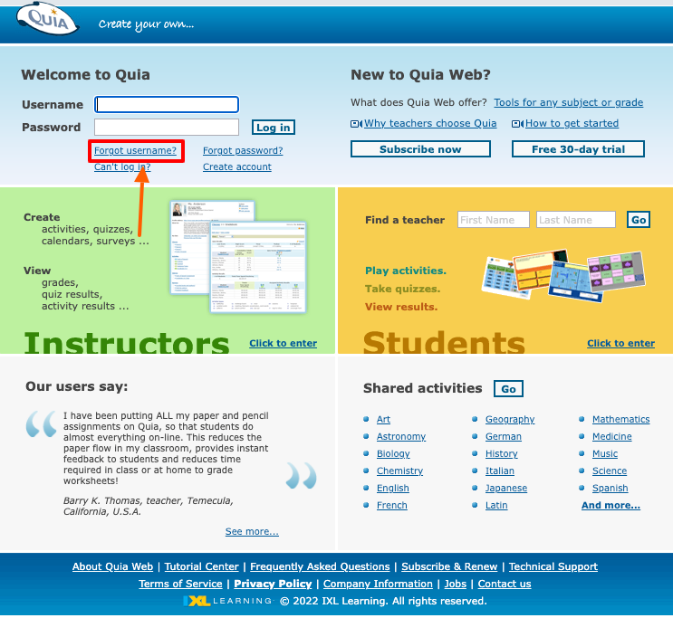 quia forgot username page