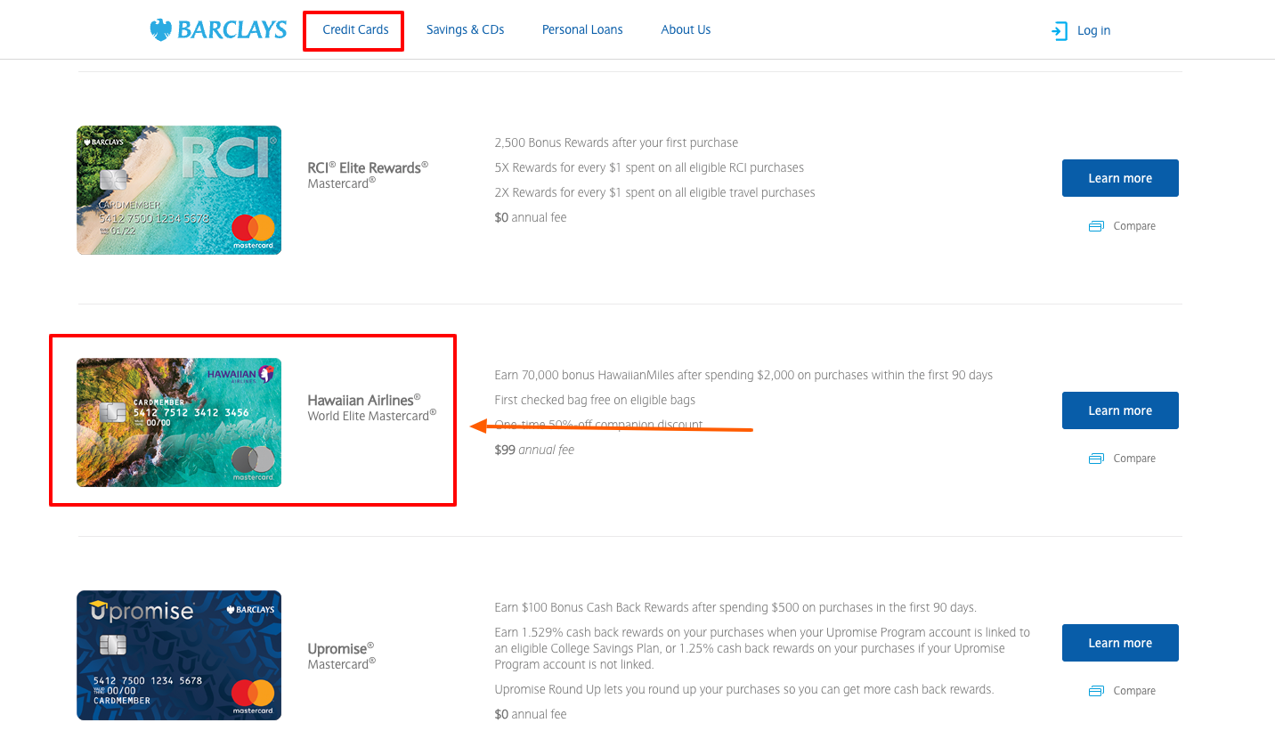 Hawaiian Credit Card Login page