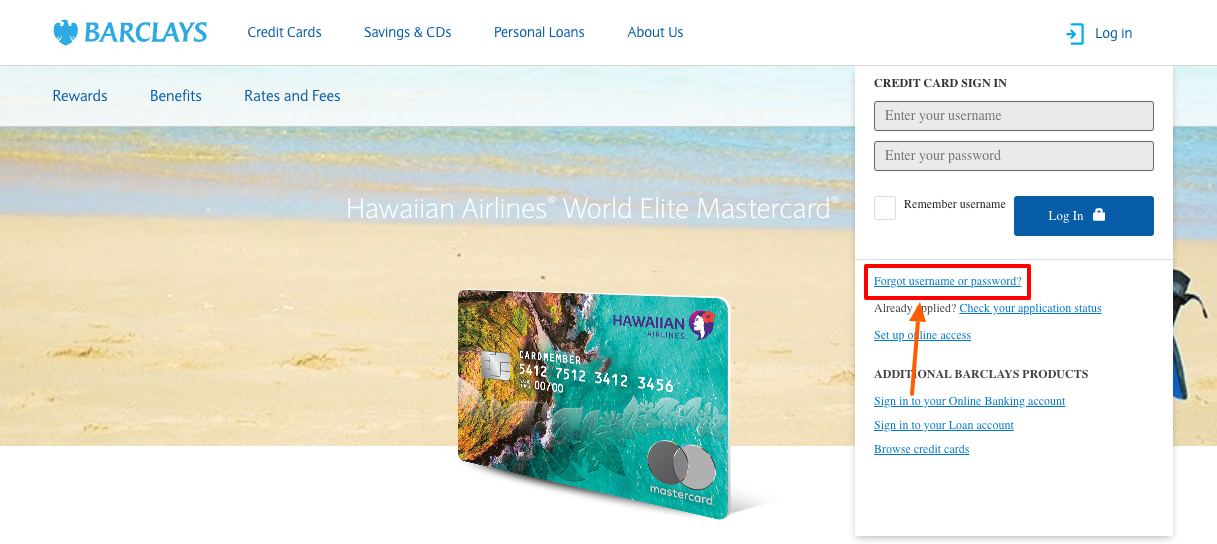 hawaiian credit card forgot username or password page
