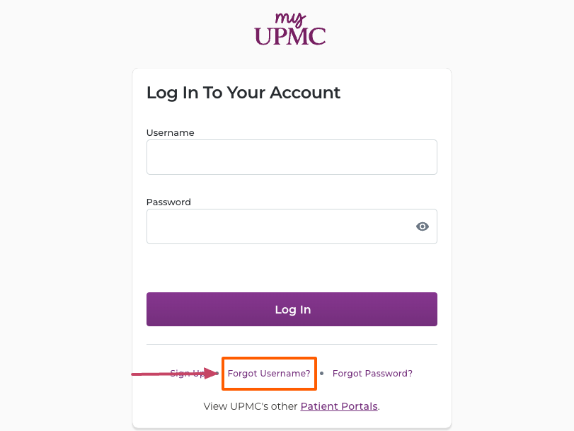 myupmc forgot username page